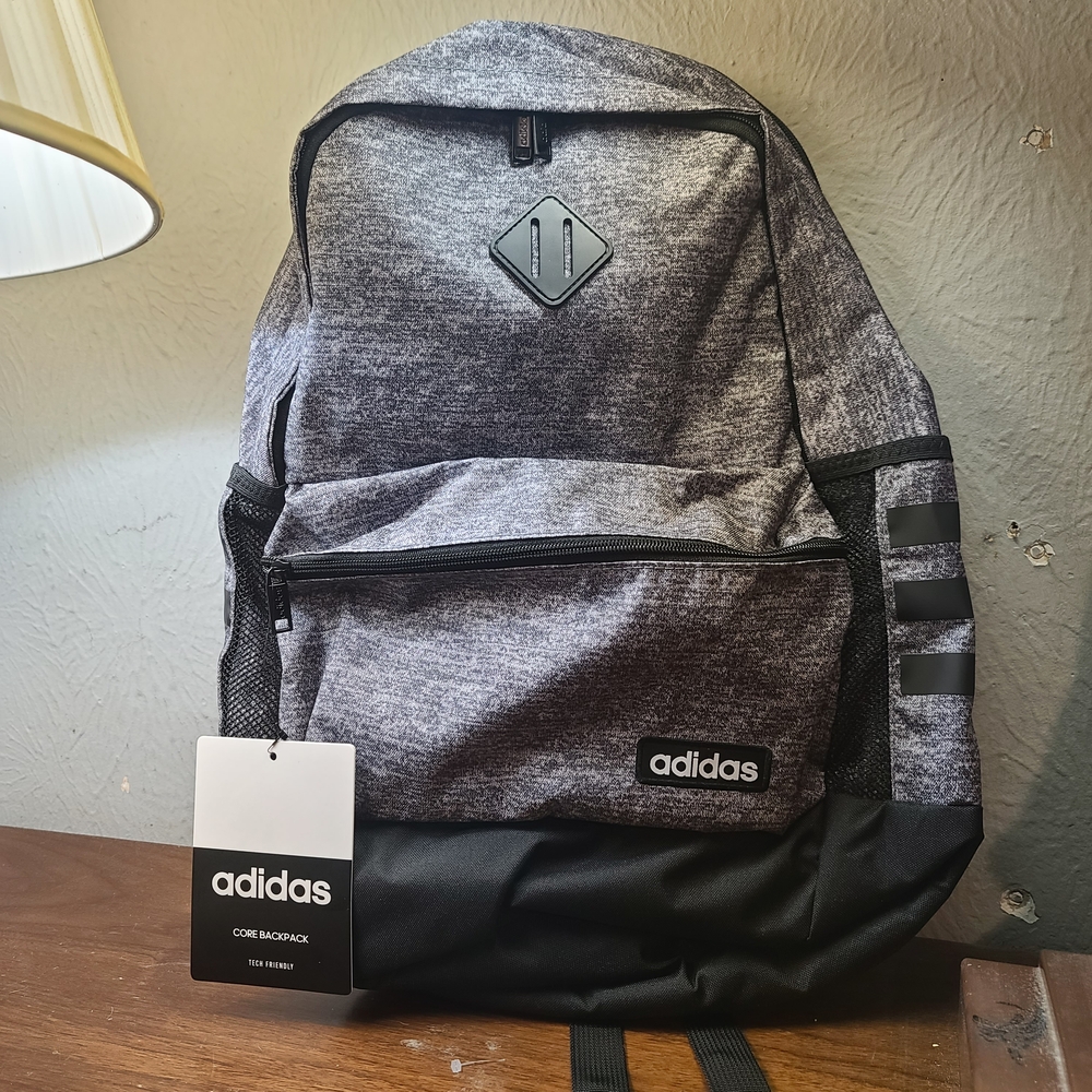 Adidas Core Backpack Classic 3 Stripe Tech Friendly Gray & Black NWT